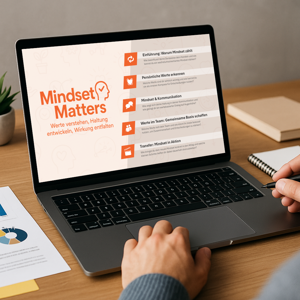 Laptop mit Präsentationsfolien. Symbolbild für professionelle Business-Präsentationen.